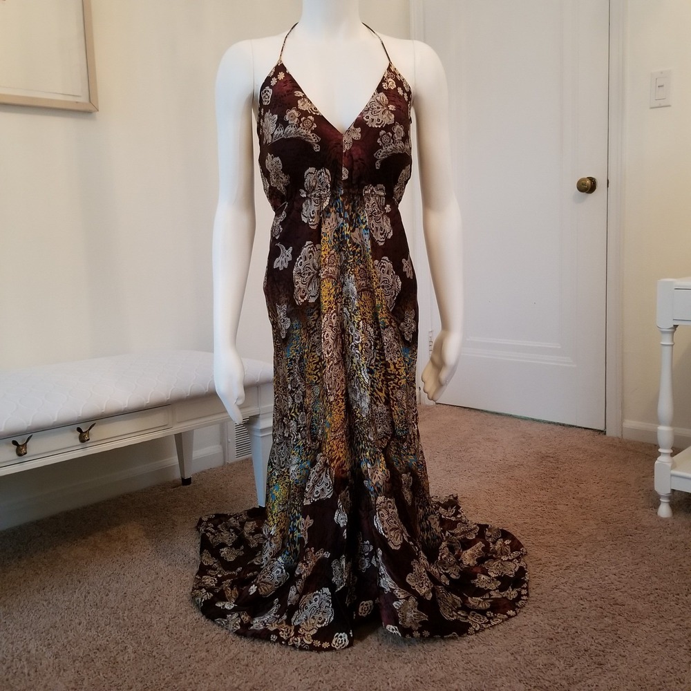 Vintage Y2K Maxi Dress 8 100% Silk Floral High Low Halter Brown Multi Boho Fairy - Picture 1 of 13
